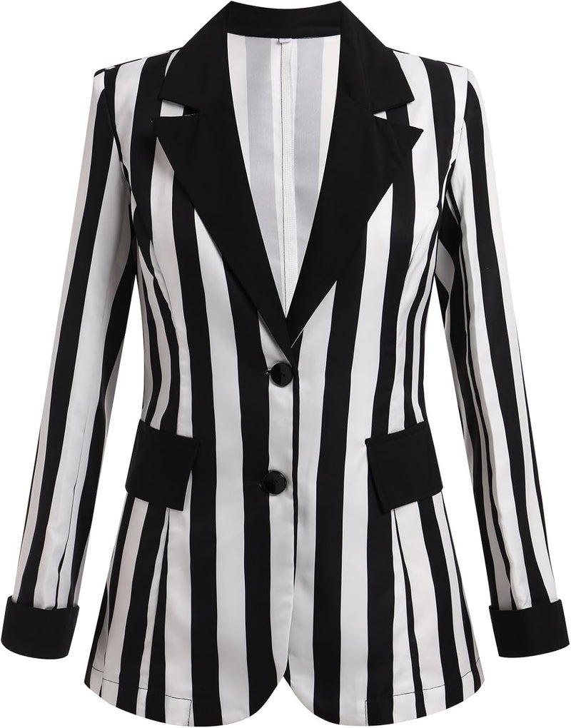 OBEEII Womens Black and White Striped Blazer Long Sleeve Single-Breasted Button Vertical Striped Blazer Office Work Jacket - Image 2